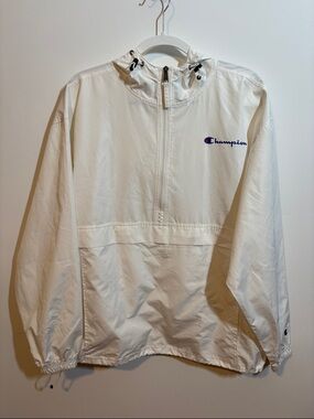 Champion White Hooded Half-Zip Windbreaker Jacket